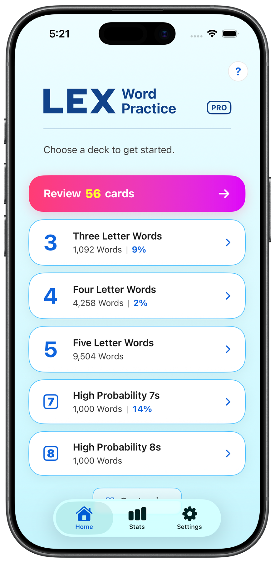 LEX Word Practice app showing a list of study decks: Review 56 cards, Three, Four, and Five Letter Words, and High Probability 7s and 8s.